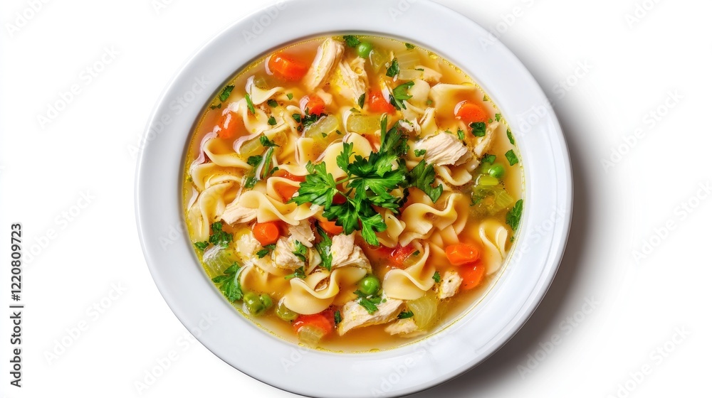 Chicken noodle soup with parsley and vegetables in a white plate Chicken noodle soup with parsley and vegetables in a white plate