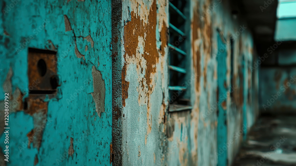 Vibrant Urban Decay Featuring Rusty Turquoise Walls and Flaking Paint in an Abandoned Space