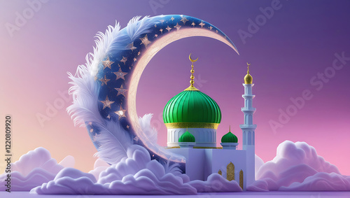 3D Islamic Crescent Moon and Grand Mosque – Elegant Ramadan and Eid Celebration Background