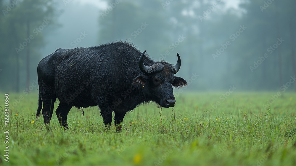 A black buffalo stands in a field of grass A black buffalo stands in a field of grass