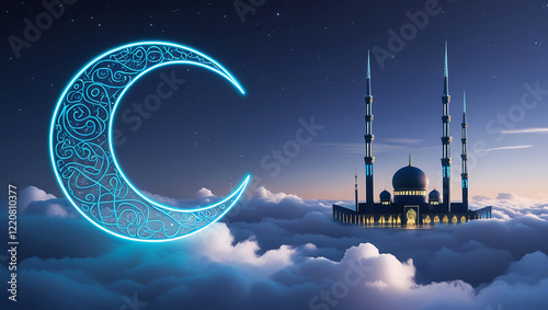 3D Islamic Crescent Moon and Grand Mosque – Elegant Ramadan and Eid Celebration Background