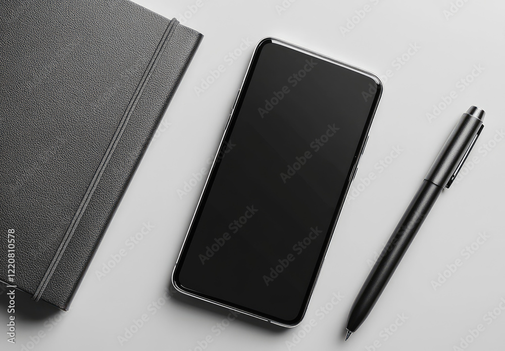Black and white top view photograph of a mobile phone, notebook, and pen on a light grey background with ample copy space. Black and white top view photograph of a mobile phone, notebook, and pen on a light grey background with ample copy space.