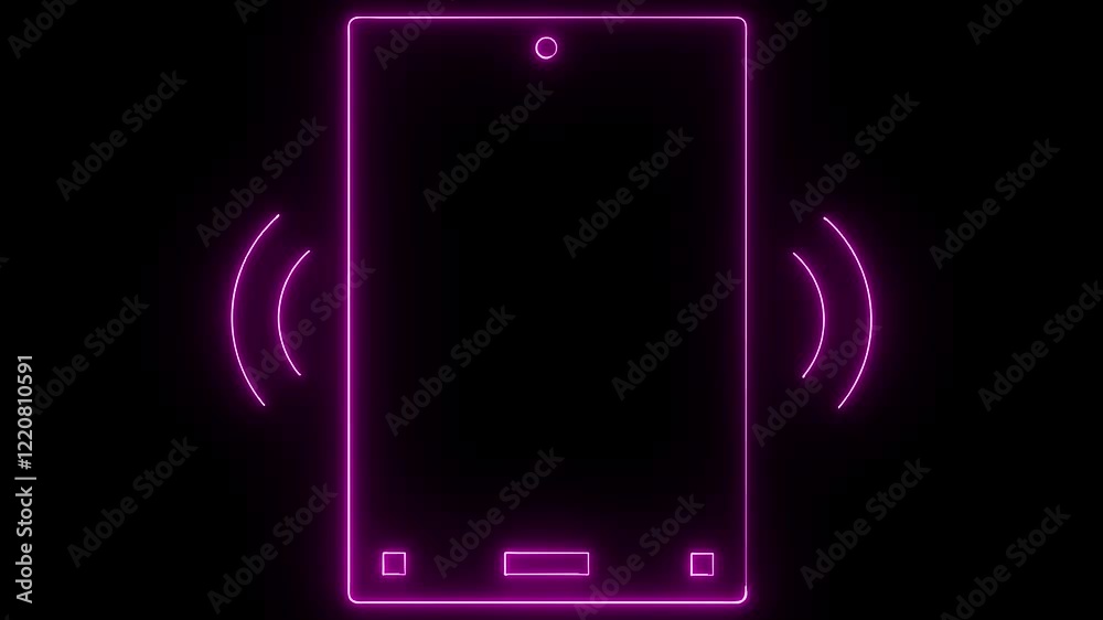 glowing neon pink mobile phone ringing animation icon sign symbol on black background 