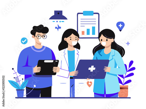 Doctor hospital team medical document health medicine healthcare meeting teamwork laptop computer technology clinic office modern flat design simple vector illustration isolated transparent background