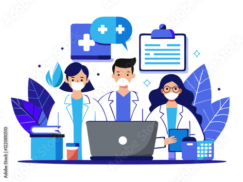 Doctor hospital team medical document health medicine healthcare meeting teamwork laptop computer technology clinic office modern flat design simple vector illustration isolated transparent background