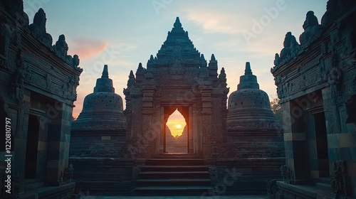 Sunrise at ancient Indonesian temple, peaceful background, spiritual travel