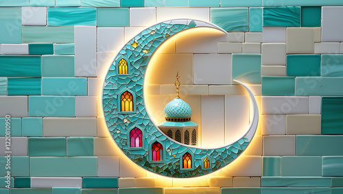 3D Islamic Crescent Moon and Grand Mosque – Elegant Ramadan and Eid Celebration Background