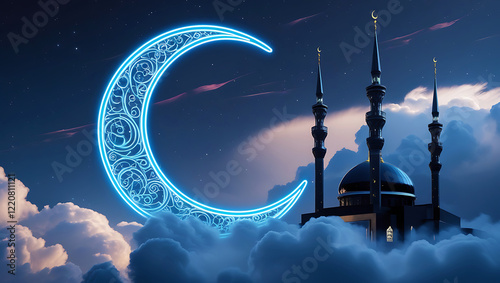 3D Islamic Crescent Moon and Grand Mosque – Elegant Ramadan and Eid Celebration Background