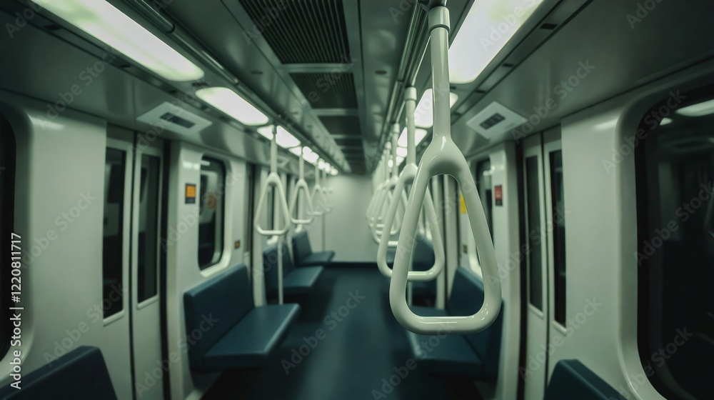Obraz premium Empty Subway Car Interior , A quiet and subdued interior of an empty subway train. Rows of seats are arranged in a linear fashion.