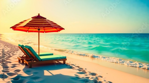 Beach Sunset Relaxation , A tranquil beach scene at sunset features a red and white striped umbrella providing shade over two green lounge chairs on golden sand.