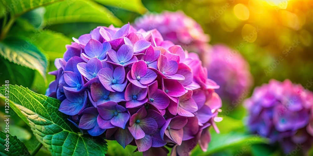 Macro Hydrangea Bloom: Vibrant Garden Flower Close-Up, Copy Space Banner Macro Hydrangea Bloom: Vibrant Garden Flower Close-Up, Copy Space Banner