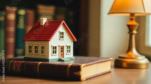 Cozy Reading Nook Miniature House on Bookshelf, A charming image featuring a miniature house atop a large hardcover book resting on a wooden table.