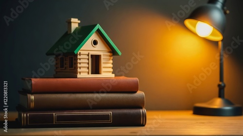 Cozy Reading Nook with Wooden Cabin Model, A stack of books with a miniature wooden cabin model atop them, bathed in warm lamplight. Evokes a sense of comfort, relaxation.