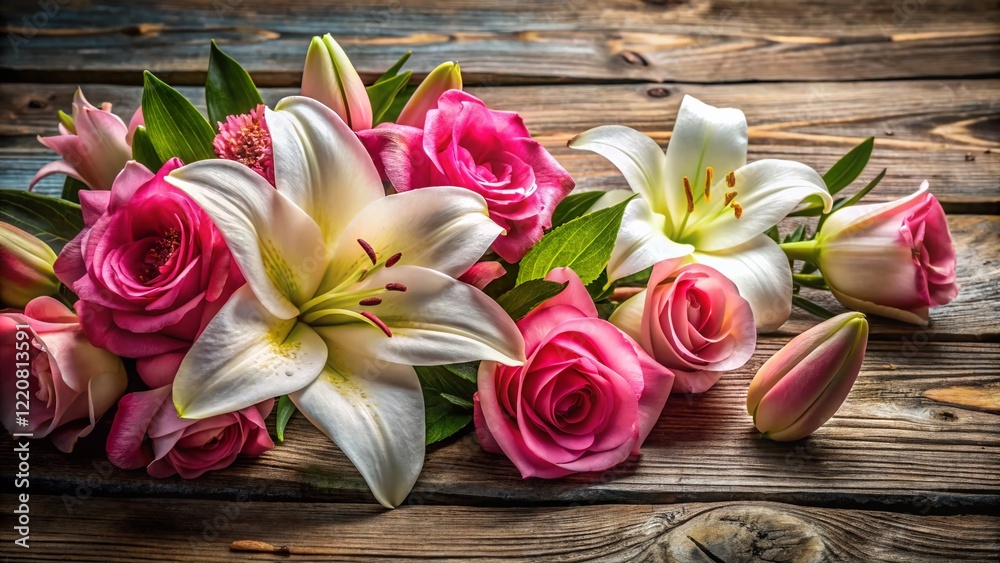 Macro Photography: Delicate Roses & Lilies on Rustic Wooden Surface Macro Photography: Delicate Roses & Lilies on Rustic Wooden Surface