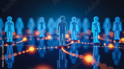 A group of glowing blue human-like figures form a circular formation, illuminated against a dark background. The central figure stands out.