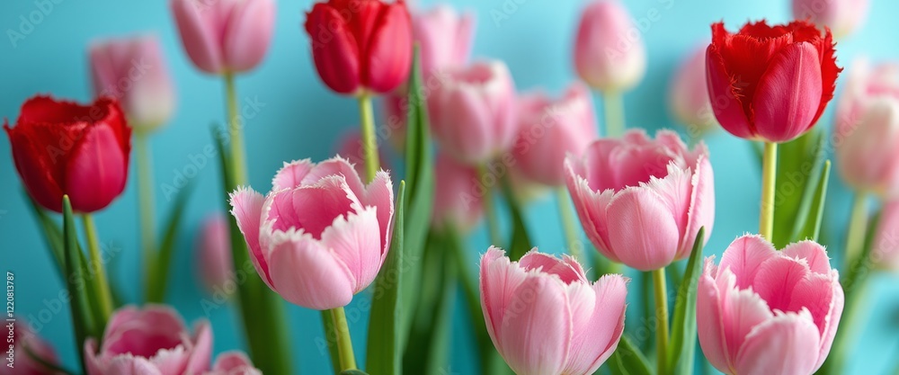 Fototapeta premium A stunning arrangement of vibrant pink and striking red tulips blooms gracefully, set against a serene blue backdrop. This delightful floral display radiates joy and freshness, inviting viewers to