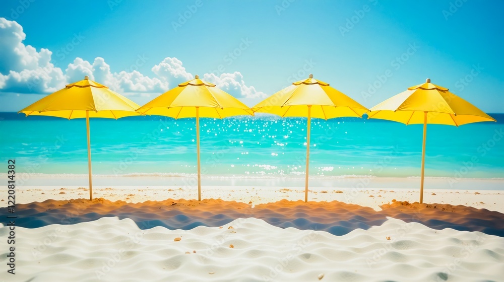 Fototapeta premium Yellow Umbrellas on Sandy Beach, Four vibrant yellow umbrellas stand in a row on a pristine sandy beach.
