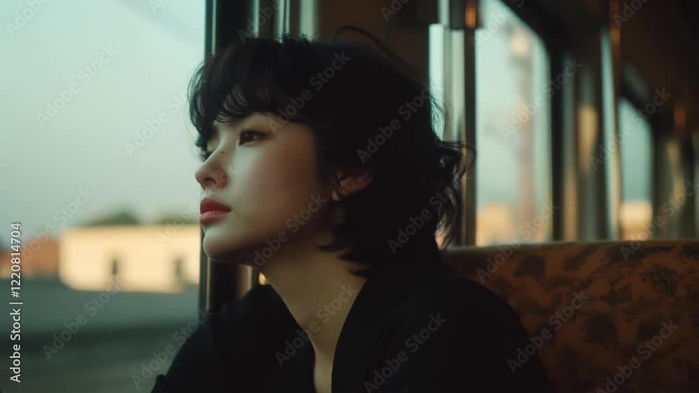 Femme asiatique dans un train qui regarde par la fenêtre.