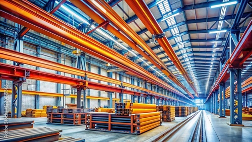 Macro Photography: Organized Prefabricated Metal Components in Industrial Warehouse with Overhead Crane photo