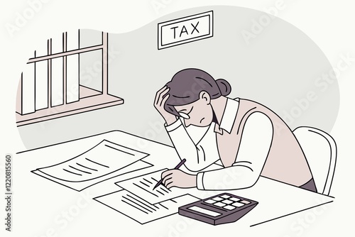 Displeased person calculating taxes bank statements and bills has bad balance, bankruptcy, debt.