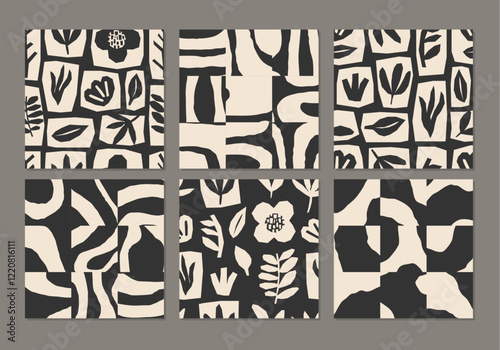 Cute trendy set of seamless patterns with abstract collage of organic shapes