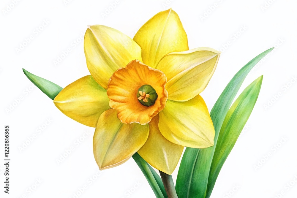Obraz premium Macro Photography: Vibrant Yellow Daffodil Watercolor, Spring Flower, Botanical Art, Floral Image, Copy Space