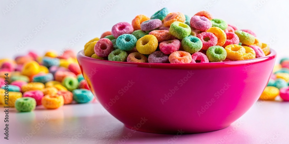 Macro Photo of Colorful Cereal in Pink Bowl, Vibrant Breakfast Food Macro Photo of Colorful Cereal in Pink Bowl, Vibrant Breakfast Food