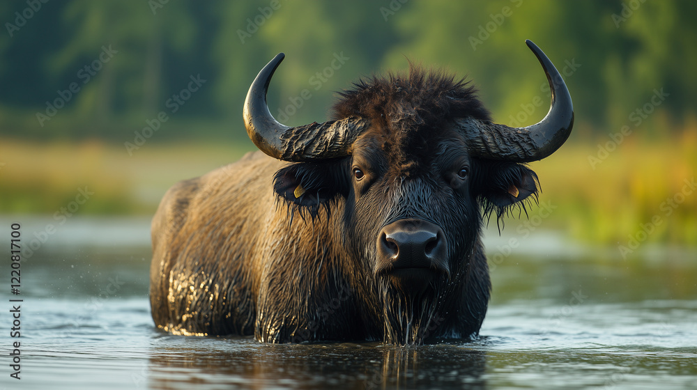 A water buffalo standing in shallow water A water buffalo standing in shallow water