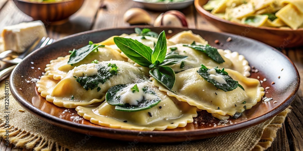Macro Photo of Spinach & Ricotta Ravioli in Brown Butter Sage Sauce with Parmesan Macro Photo of Spinach & Ricotta Ravioli in Brown Butter Sage Sauce with Parmesan