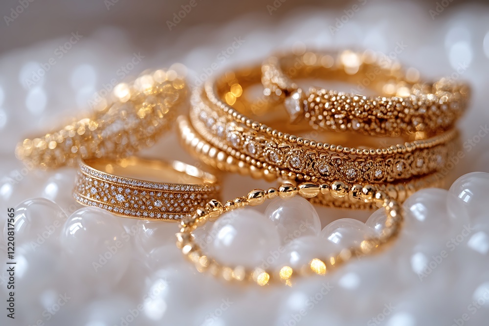 Close-up of a collection of golden bracelets and a ring on a white bubble wrap texture, focusing on details. Close-up of a collection of golden bracelets and a ring on a white bubble wrap texture, focusing on details.