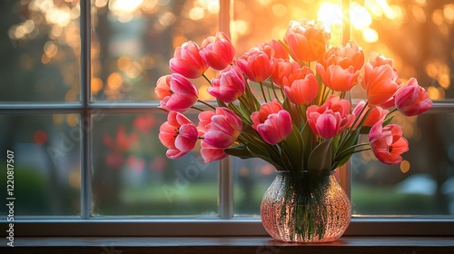Wallpaper Mural A soft and romantic scene of tulips arranged in a vase on a wooden windowsill with golden sunlight streaming in Torontodigital.ca