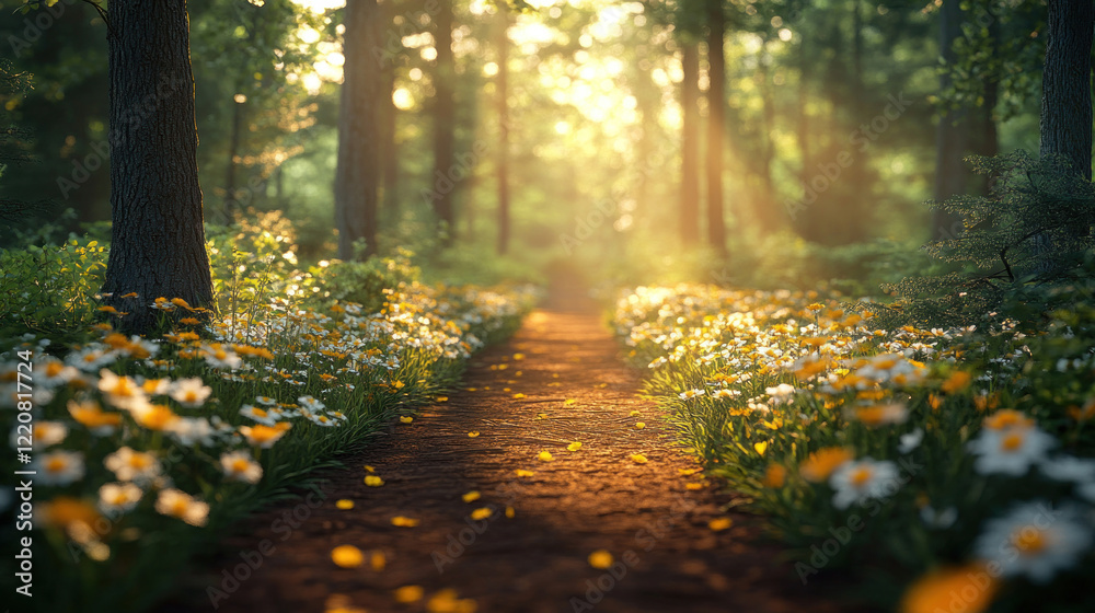 Obraz premium A tranquil forest trail lined with blooming flowers and soft sunlight filtering through the fresh green canopy