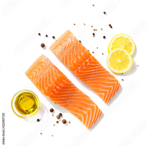 Fresh raw salmon fillet isolated on white background. top view	