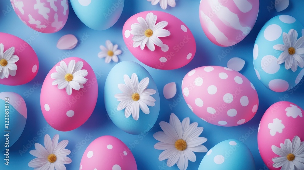 Pink and Blue Easter Background. Collection of Precisely organized Eggs with Floral Designs. Pink and Blue Easter Background. Collection of Precisely organized Eggs with Floral Designs.