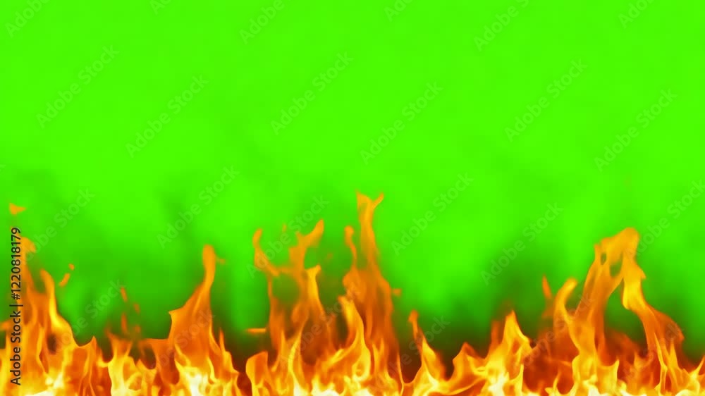 Orange Red Flames Engulf on green screen background. Vibrant fire animated on green backdrop. Burning flame animation. Frame Template. Chroma key. Motion graphics. Creative video for overlay. Inferno