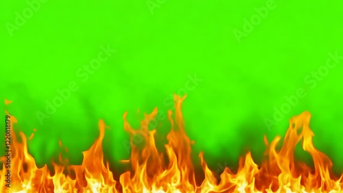 Orange Red Flames Engulf on green screen background. Vibrant fire animated on green backdrop. Burning flame animation. Frame Template. Chroma key. Motion graphics. Creative video for overlay. Inferno