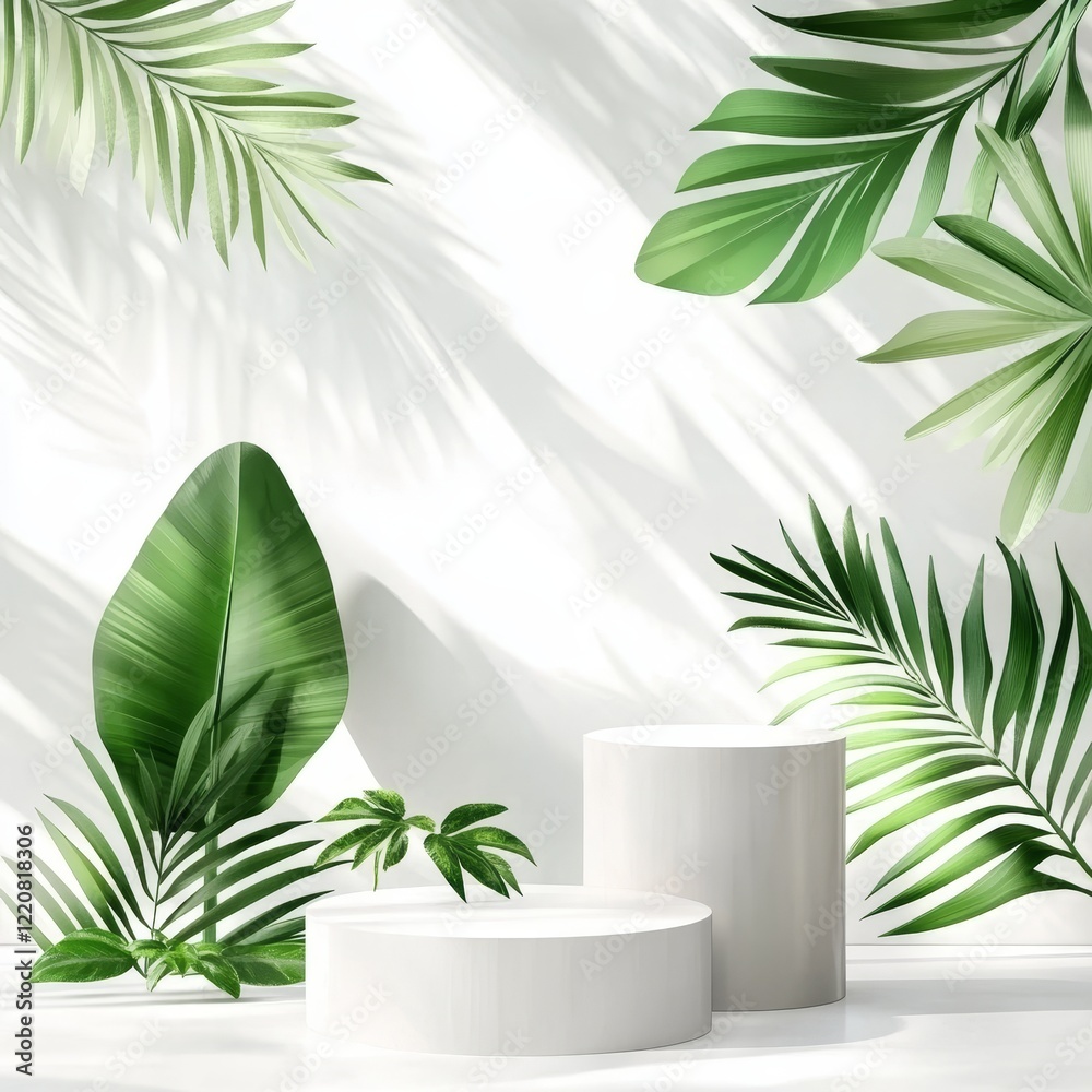 Abstract background with tropical leaves and podiums. 3d render. Abstract background with tropical leaves and podiums. 3d render.