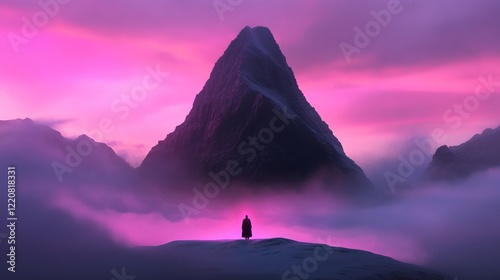 Majestic mountain silhouette against a vibrant pink and purple sky at sunset with a lone figure in the foreground