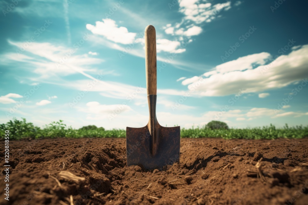 Metal shovel stuck into brown soil in a cultivated field under a cloudy blue sky, representing agriculture, farming, and gardening Metal shovel stuck into brown soil in a cultivated field under a cloudy blue sky, representing agriculture, farming, and gardening