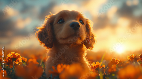 Obraz na płótnie cocker spaniel sniffing flower bed