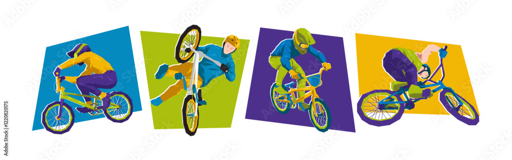 Obraz premium Vector set of male bmx racing and freestyle. Sport, race, competition concept. Isolated on white background. Flat illustration.