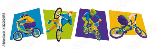 Vector set of male bmx racing and freestyle. Sport, race, competition concept. Isolated on white background. Flat illustration.