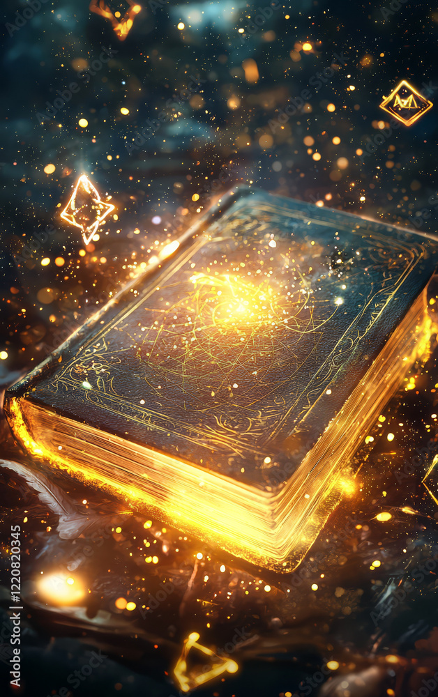 Magical Grimoire: An ancient, ornate book glows with an ethereal golden light, surrounded by swirling particles and mystical symbols, creating a captivating image of arcane power and hidden knowledge. Magical Grimoire: An ancient, ornate book glows with an ethereal golden light, surrounded by swirling particles and mystical symbols, creating a captivating image of arcane power and hidden knowledge.