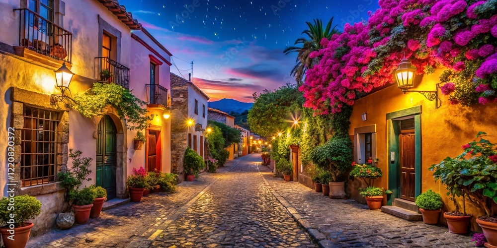 Fototapeta premium Magical Night in a Mexican Village: Colorful Houses and Starry Sky