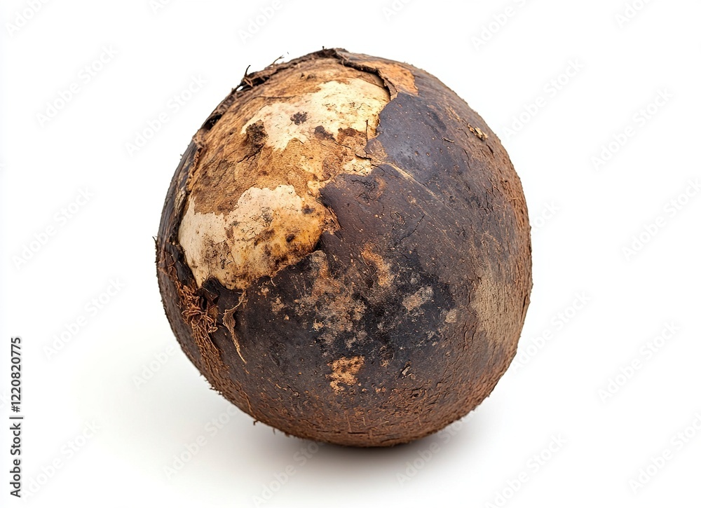 Fototapeta premium Image of an old, rotten coconut on a white background, isolated. --ar 128:93 --v 6.1 Job ID: 8e68033a-3570-46f9-ae33-b51419ad1b23