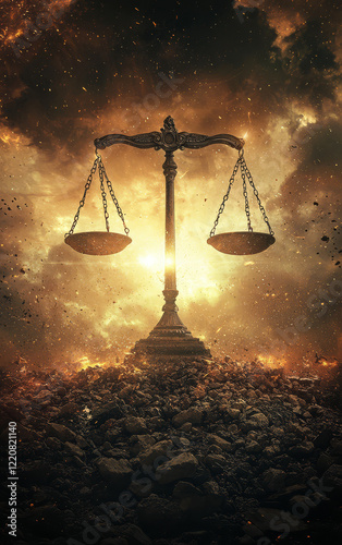 Scales of Justice Amidst Chaos: A majestic scale of justice stands tall amidst a fiery, chaotic landscape, symbolizing the enduring quest for balance and fairness.