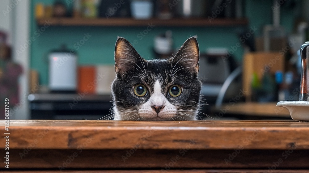 Curious black and white cat peeking over a wooden countertop in a cozy kitchen
Curious black and white cat peeking over a wooden countertop in a cozy kitchen