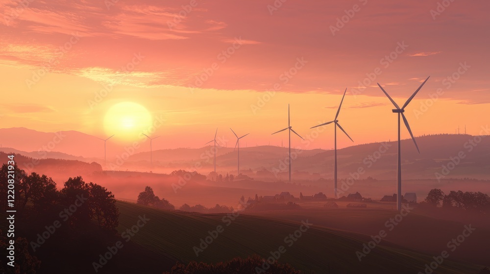 Sunrise over Windmills in Misty Hills Sunrise over Windmills in Misty Hills