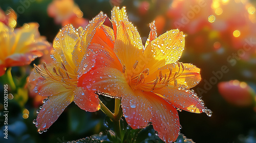 A real photo, early in the morning, the sun falls, a blossoming of colorful flowers in the sun, the flowers are still a drop or two of the night dew, dew in the sun with colorful light
