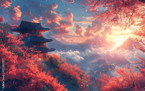 Magical Japanese Sunset Temple Artwork
